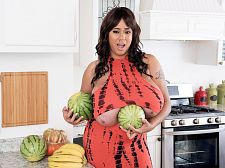 Roxi's breast fruit. Roxi's Breast Fruit Roxi Red's back from the supermarket with a bag of fruits. She puts them on the kitchen counter and lifts one of the melons to her own huge melon, then the other. Roxi's tits dwarf them. Farmers just don't grow 'em heavy enough to keep up with Roxi.  After carefully inspecting her melons, Roxi practices her oral techniques in preparation for a banana eating contest. We're sure she'll win. After Roxi's fruit play, the girl with a pair of the world's greatest natural tits spanks one out...because she can.  A 20-Club member (girls whose bust size exceeds their waist measurements by 20 inches), Roxi will watch this video. She likes to review herself. She also said watching them makes her want to have more sex in her personal life. See More of Roxi Red at SCORELAND.COM!